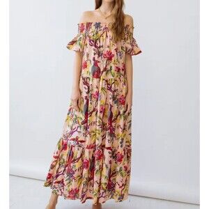 Guadalupe Momposina Raven Maxi Dress Peach Off the Shoulder Tiered One Size